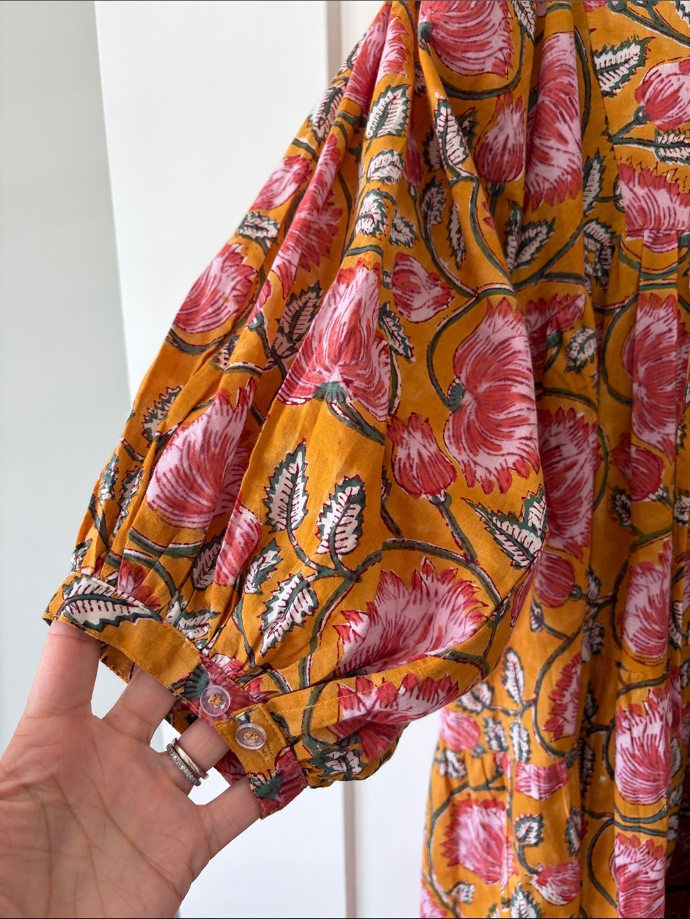 Women’s Floral Mustard Midi Dress with Pink Blooms - Picture 2 of 5